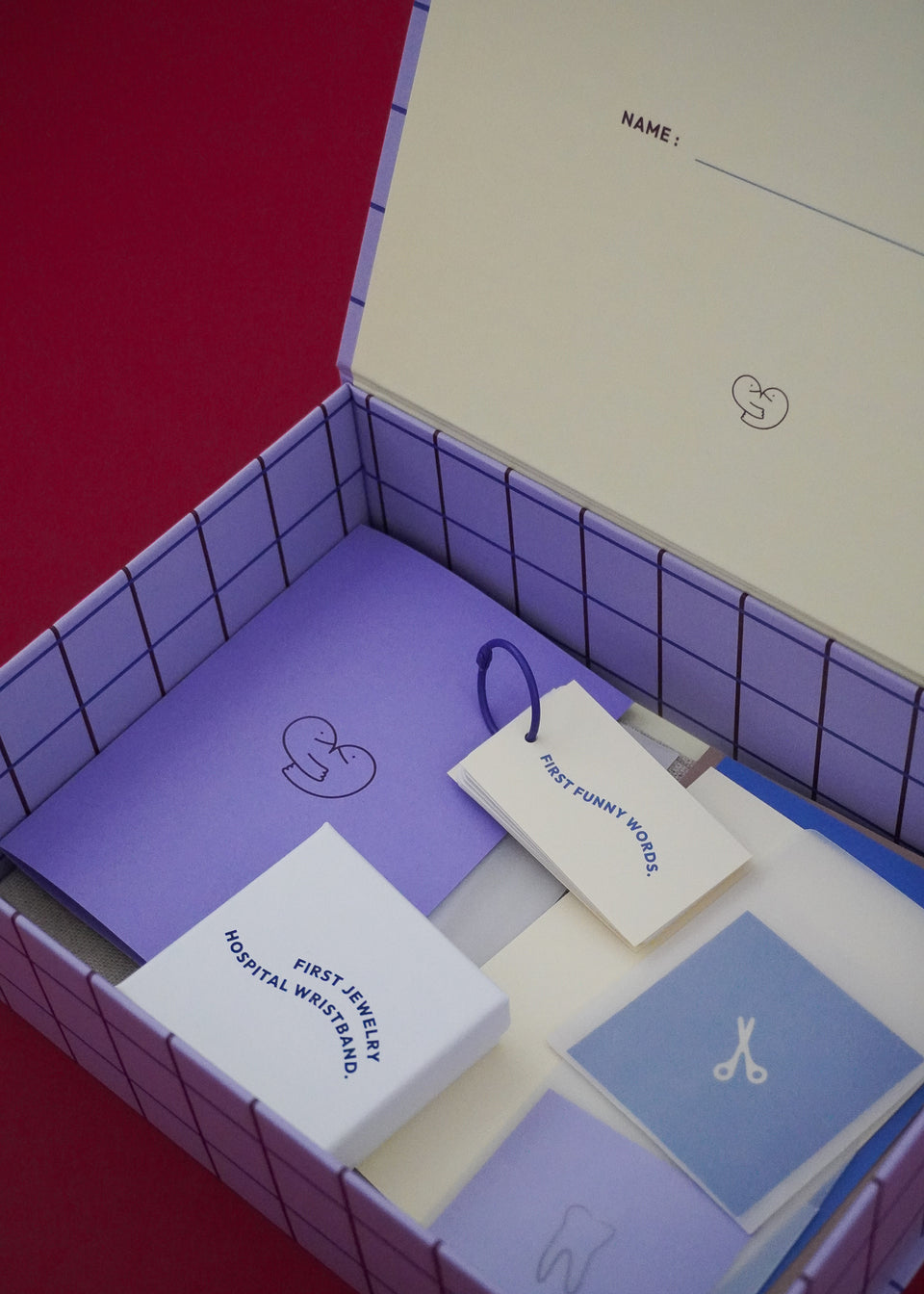 Erinnerungsbox – Erinnerungsbox für Babys im Karo-Muster - Lila von Endless Hugs, mit Karten mit Etiketten wie „Erstes lustiges Wort“, ist das ideale Geschenk für frischgebackene Eltern, gezeigt auf einem lebendigen roten Hintergrund.
