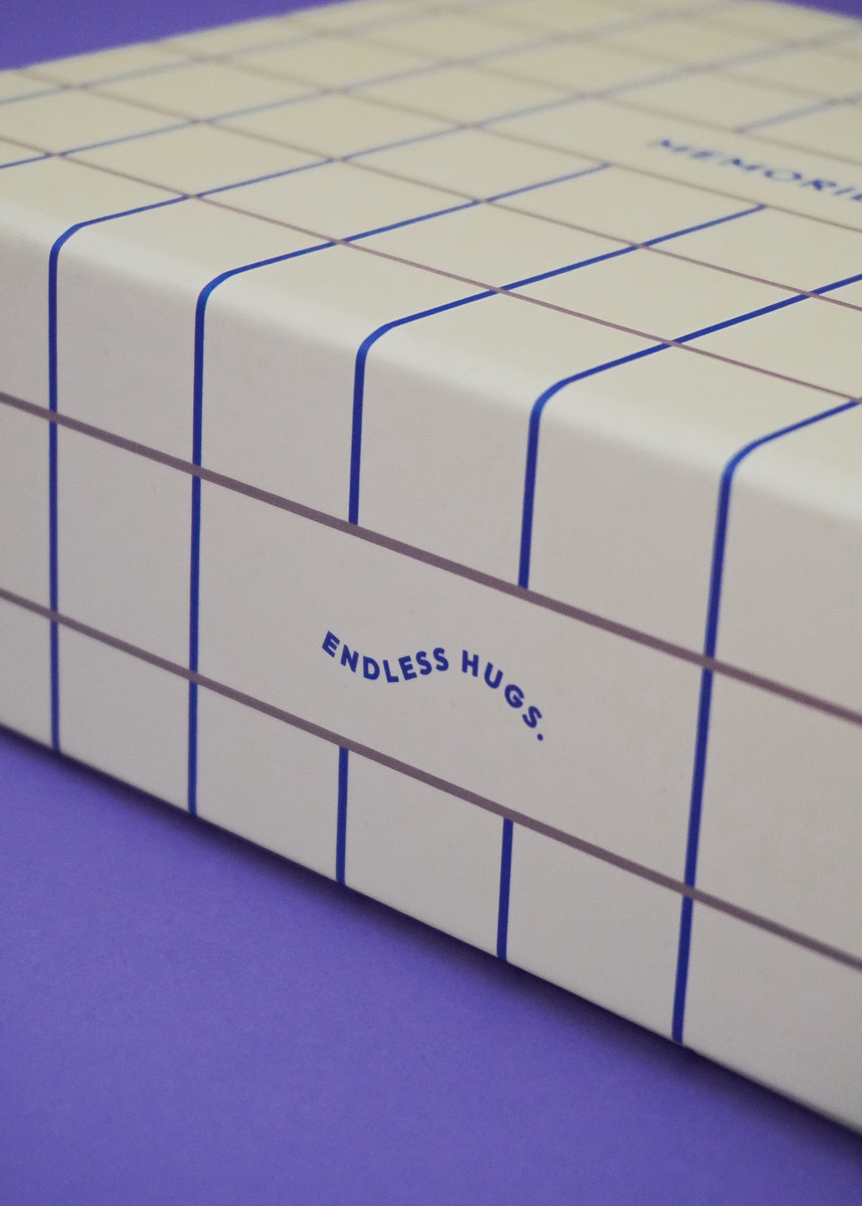 The Memory Box – Pudełko wspomnień dla niemowląt w kratę - Butter by Endless Hugs, idealny prezent dla rodziców, w kremowym kolorze z niebieską kratą, leży na fioletowej powierzchni.