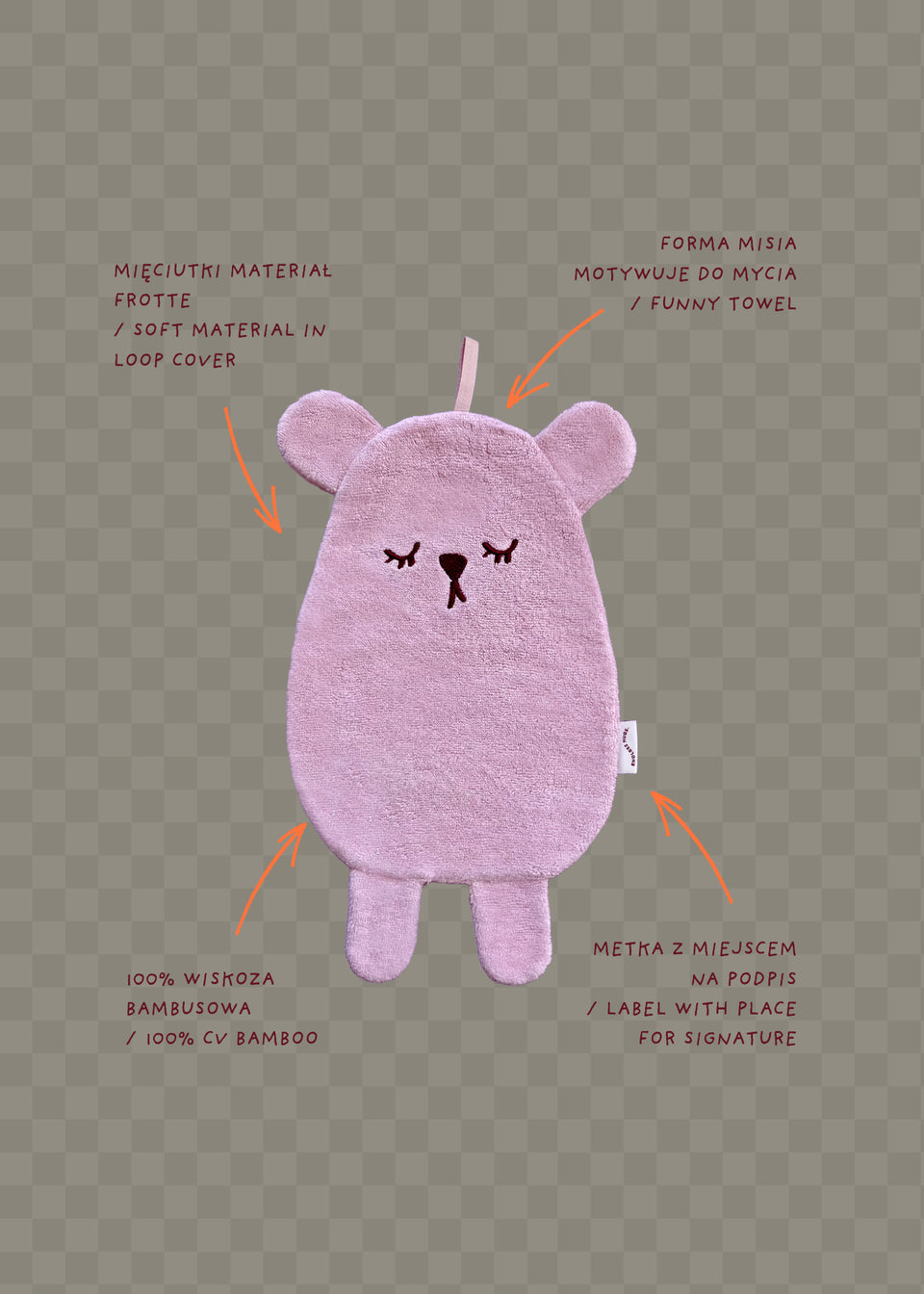 Ręcznik dziecięcy Endless Hugs w kształcie misia bambusowy różowy miękki materiał frotte