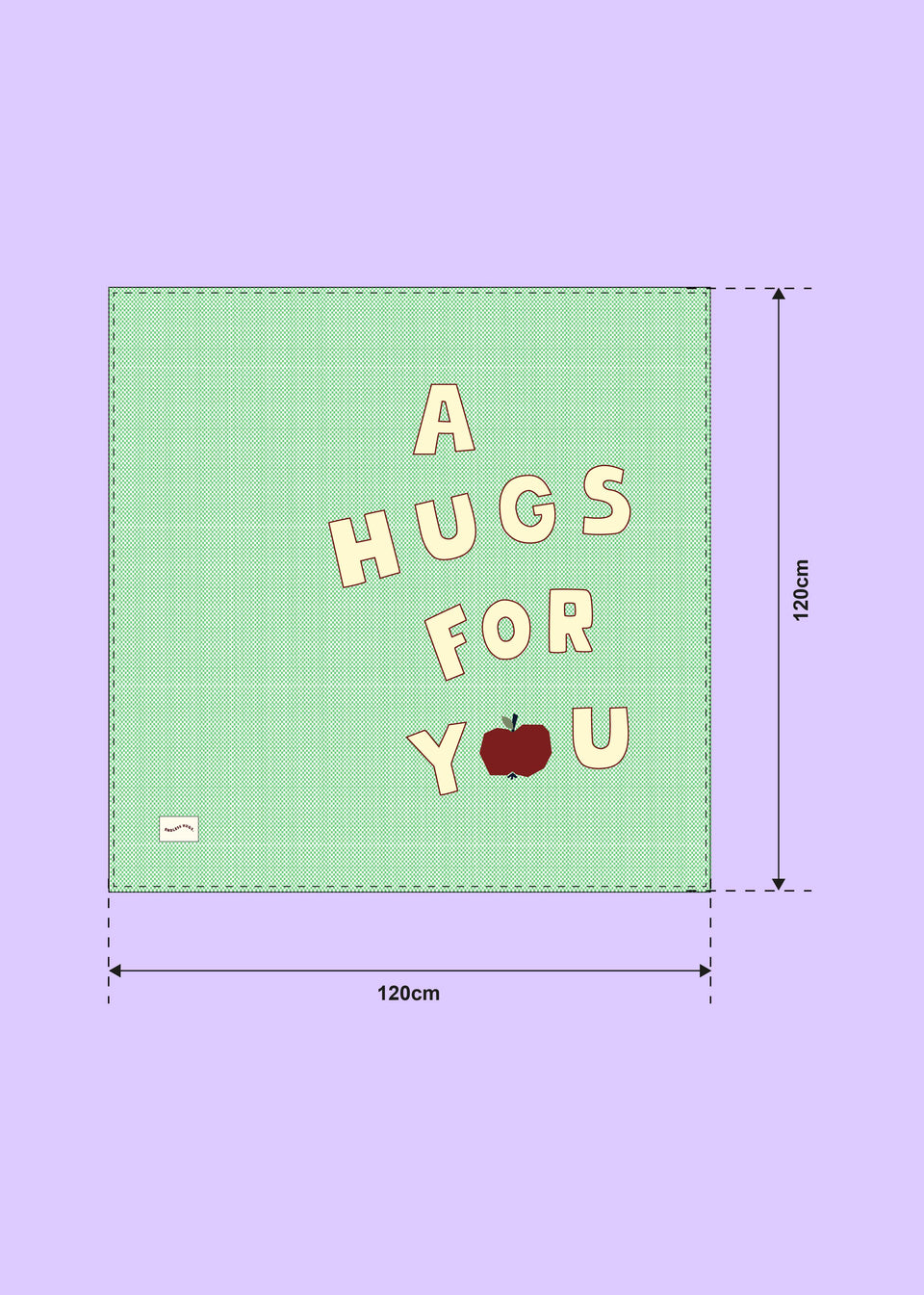 Kocyk dziecięcy Endless Hugs 120x120 cm zielony z napisem A Hugs for You i motywem jabłka