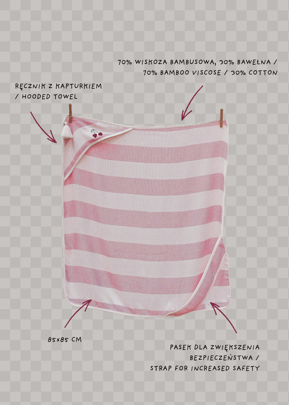 Różowy ręcznik z kapturem Endless Hugs w paski 85x85 cm bambusowo-bawełniany.