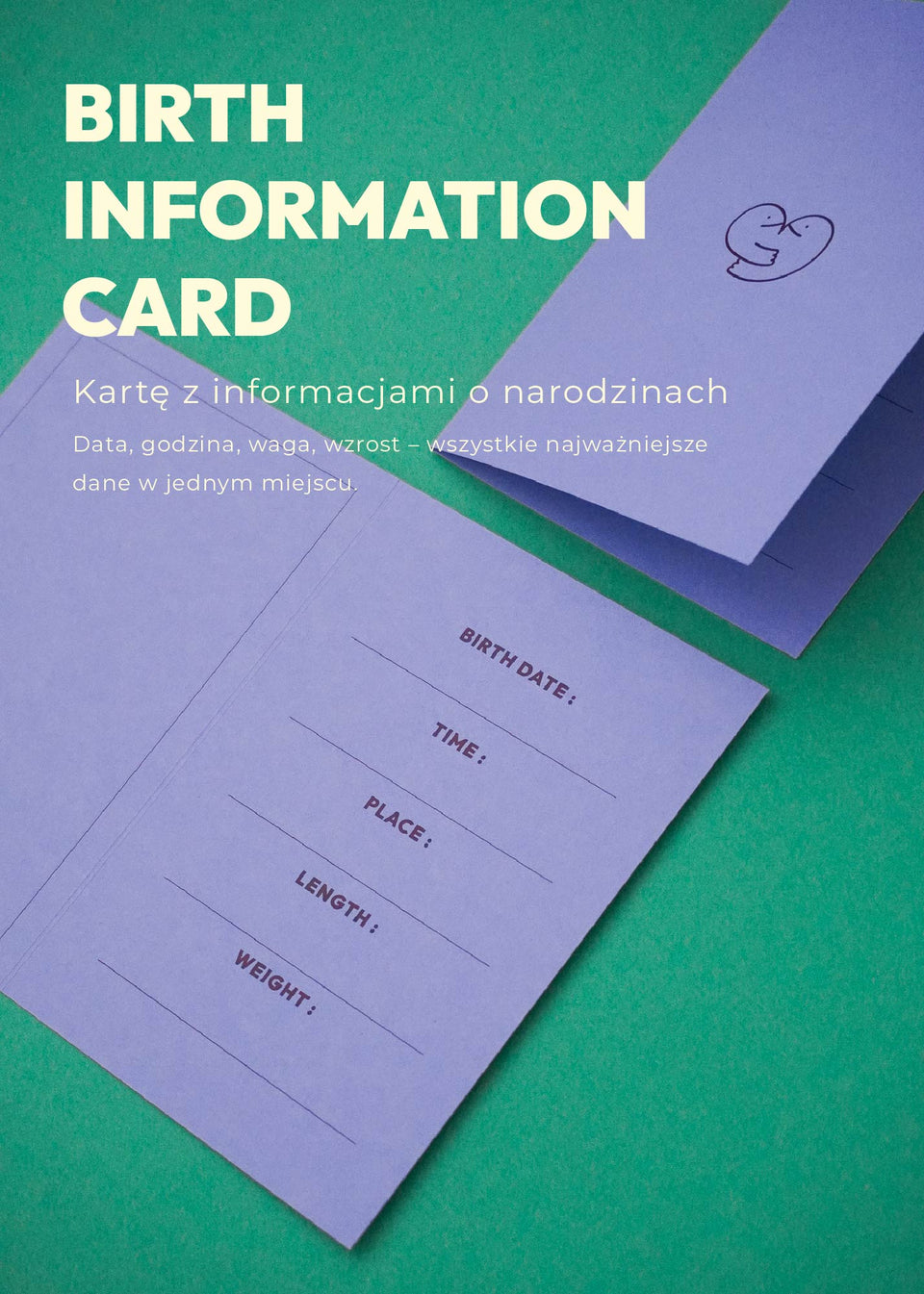 Karta z informacjami o narodzinach Endless Hugs fioletowa z miejscem na datę, czas, wagę i wzrost