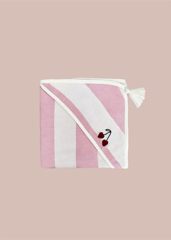 Ręcznik bambusowy z kapturkiem dla niemowlaka w różowe pasy