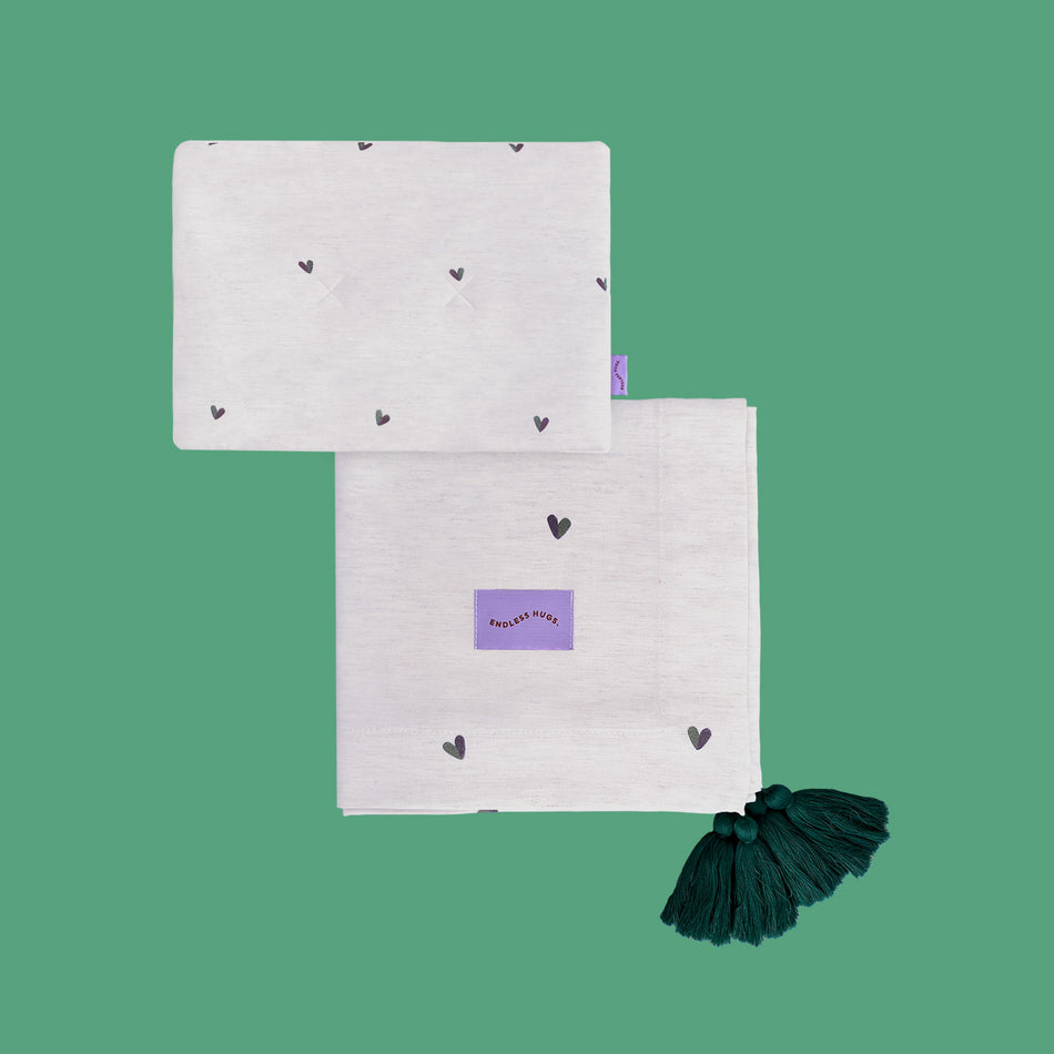 SET - Bamboo swaddle for newborn with pillow and bag in hearts