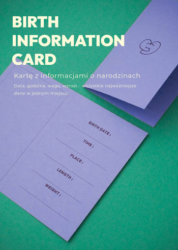 Karta z informacjami o narodzinach Endless Hugs fioletowa z miejscem na datę, czas, wagę i wzrost